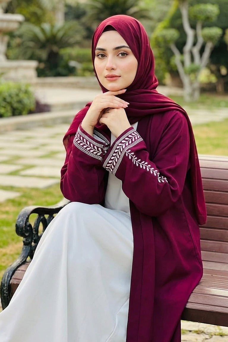 Maroon Open Abaya with Leaf Embroidered Sleeves – Elegant Modest Wear
