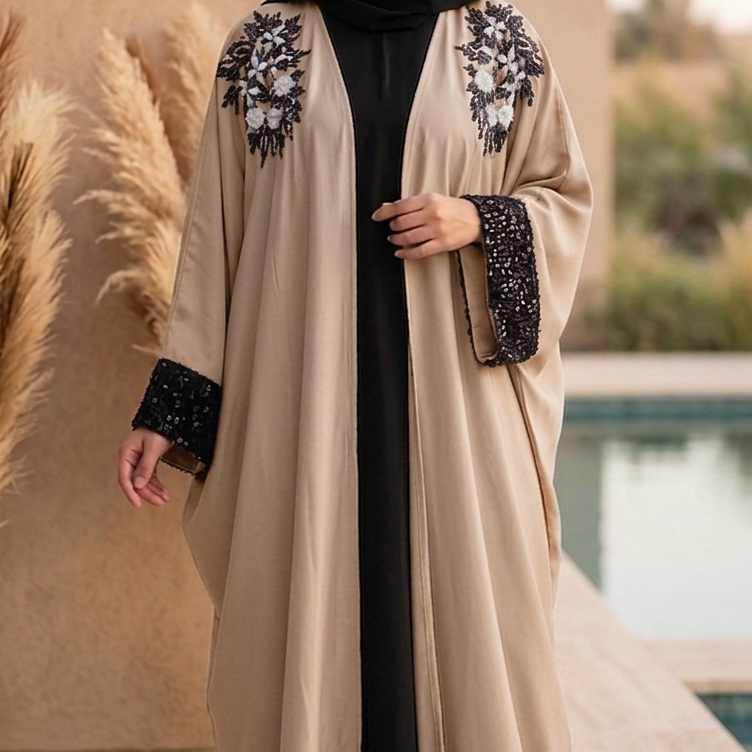 Embroidered Butterfly Open Front Kaftan  Abaya