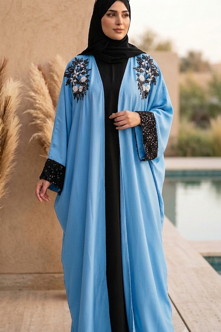 Embroidered Butterfly Open Front Kaftan  Abaya