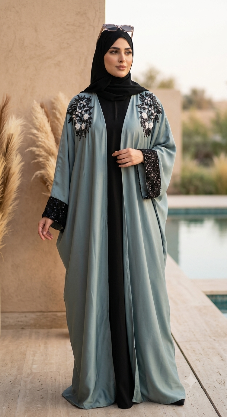 Embroidered Butterfly Open Front Kaftan  Abaya