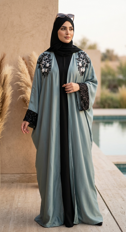 Embroidered Butterfly Open Front Kaftan  Abaya