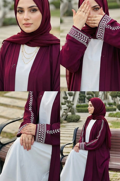 Maroon Open Abaya with Leaf Embroidered Sleeves – Elegant Modest Wear
