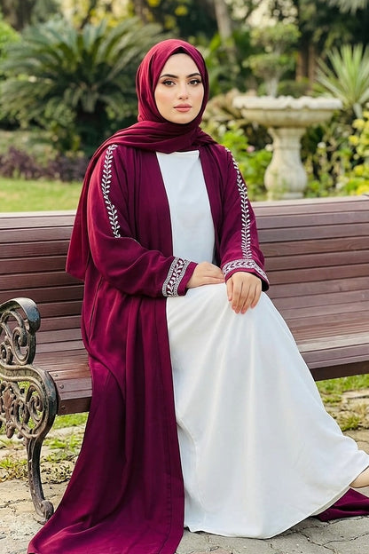 Maroon Open Abaya with Leaf Embroidered Sleeves – Elegant Modest Wear