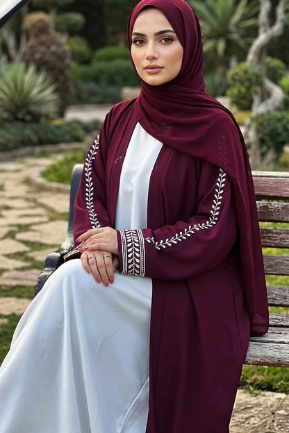 Maroon Open Abaya with Leaf Embroidered Sleeves – Elegant Modest Wear