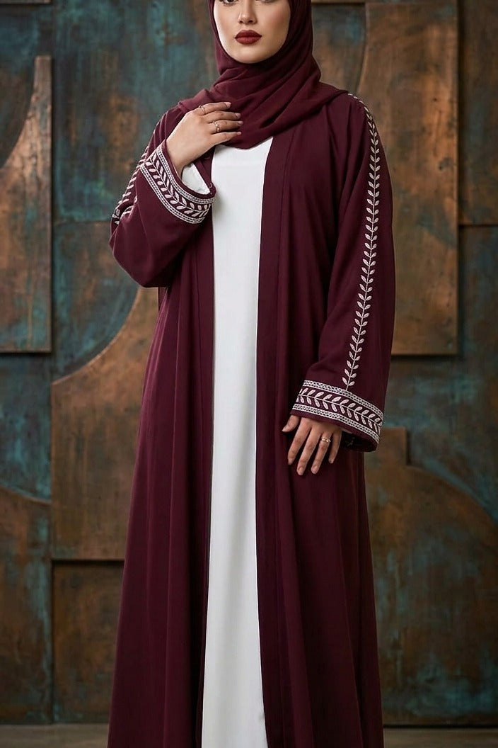 Maroon Open Abaya with Leaf Embroidered Sleeves – Elegant Modest Wear