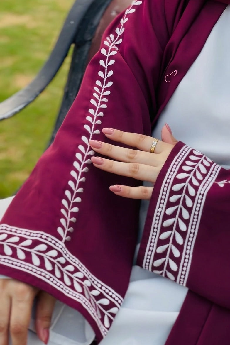 Maroon Open Abaya with Leaf Embroidered Sleeves – Elegant Modest Wear