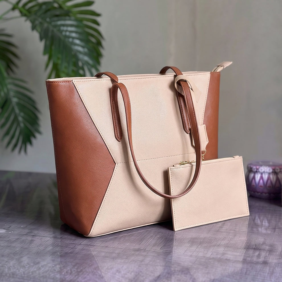 Two-Tone Color Block Tote Bag with Matching Pouch