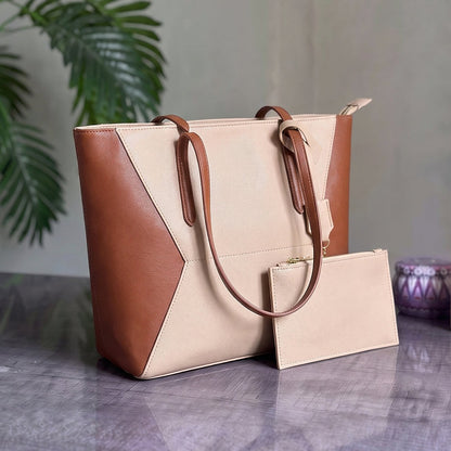 Two-Tone Color Block Tote Bag with Matching Pouch