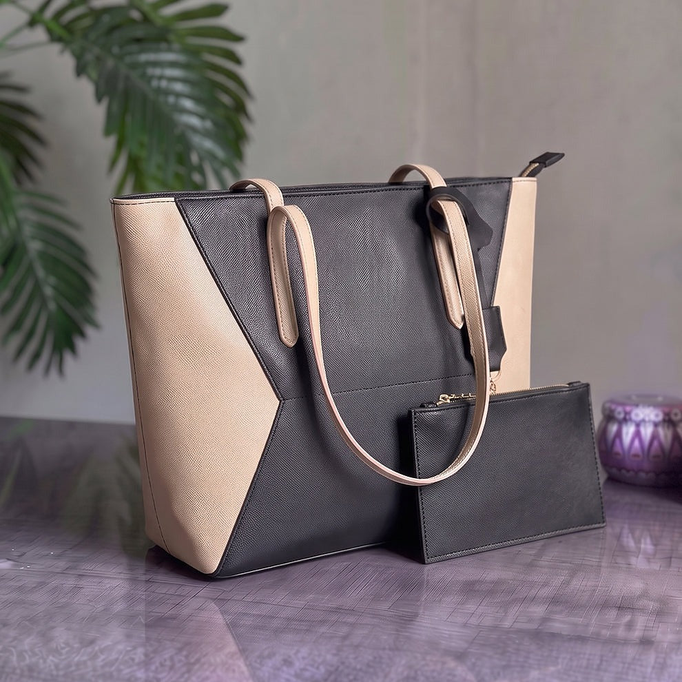 Two-Tone Color Block Tote Bag with Matching Pouch