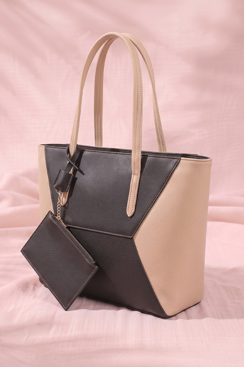 Two-Tone Color Block Tote Bag with Matching Pouch