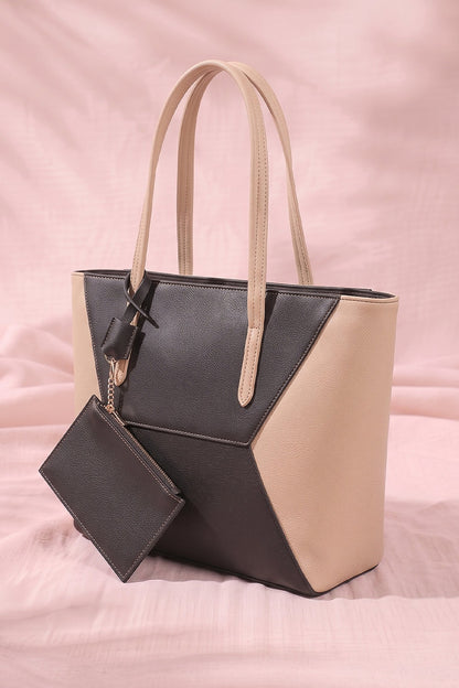 Two-Tone Color Block Tote Bag with Matching Pouch