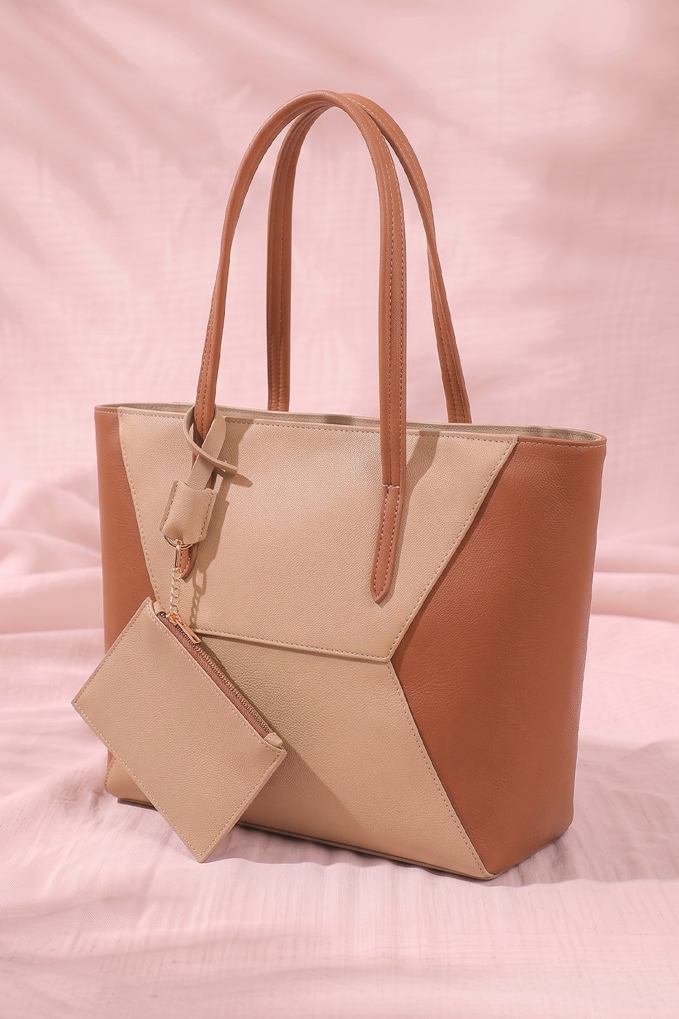Two-Tone Color Block Tote Bag with Matching Pouch