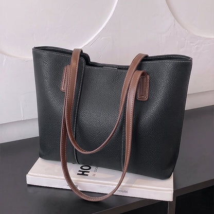 Cream Pebbled Leather Tote Bag with Contrast Brown Straps