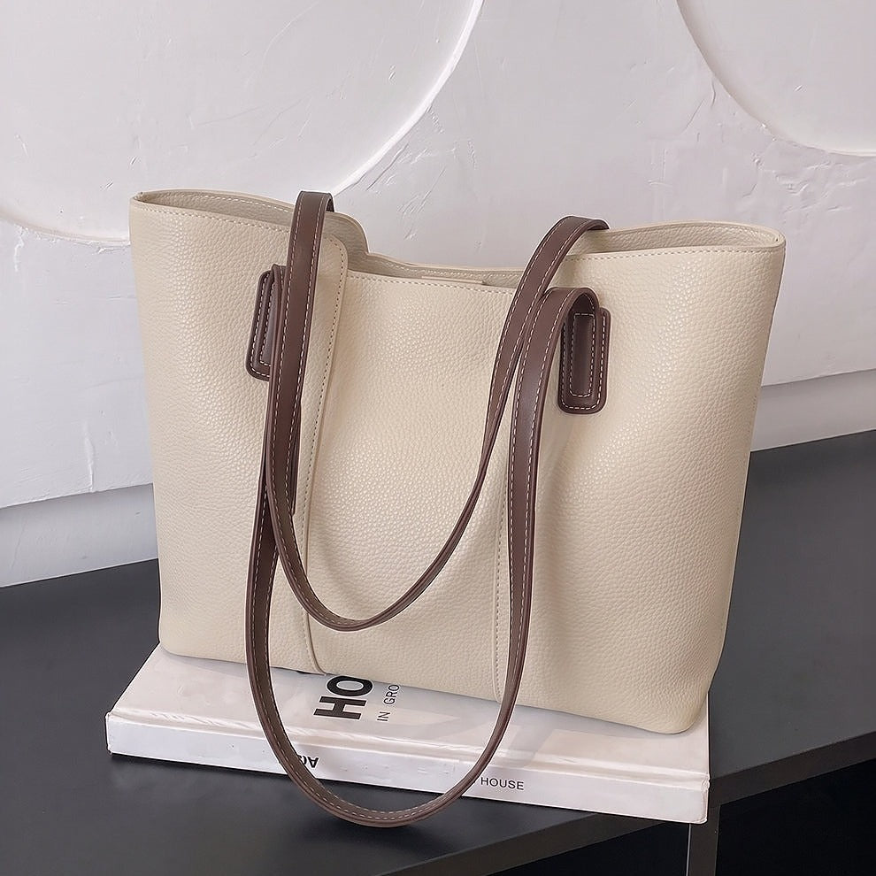 Cream Pebbled Leather Tote Bag with Contrast Brown Straps