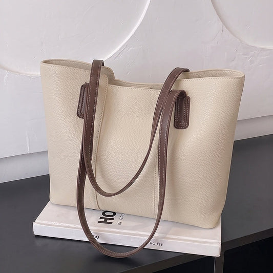 Cream Pebbled Leather Tote Bag with Contrast Brown Straps