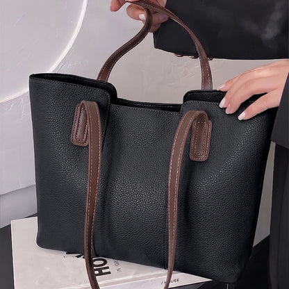 Cream Pebbled Leather Tote Bag with Contrast Brown Straps
