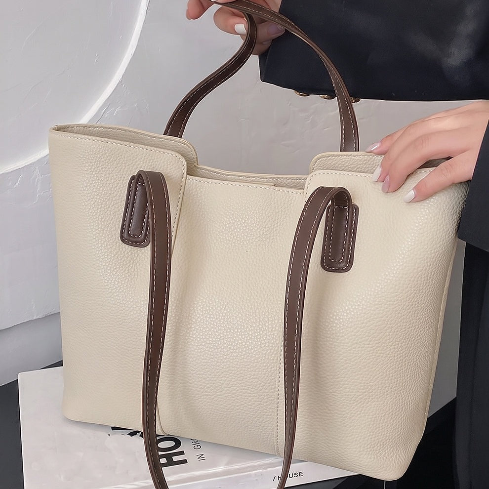 Cream Pebbled Leather Tote Bag with Contrast Brown Straps