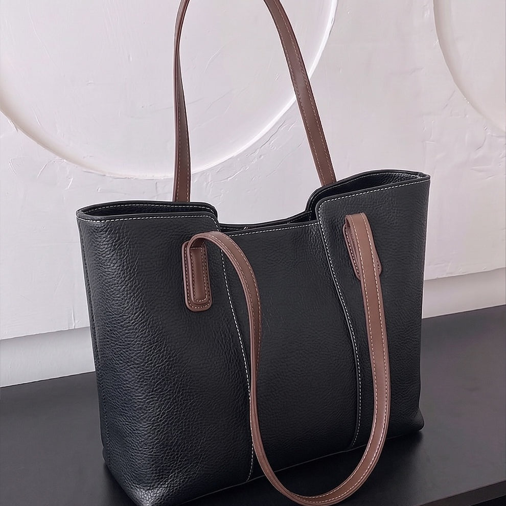 Cream Pebbled Leather Tote Bag with Contrast Brown Straps