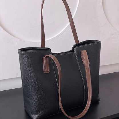 Cream Pebbled Leather Tote Bag with Contrast Brown Straps